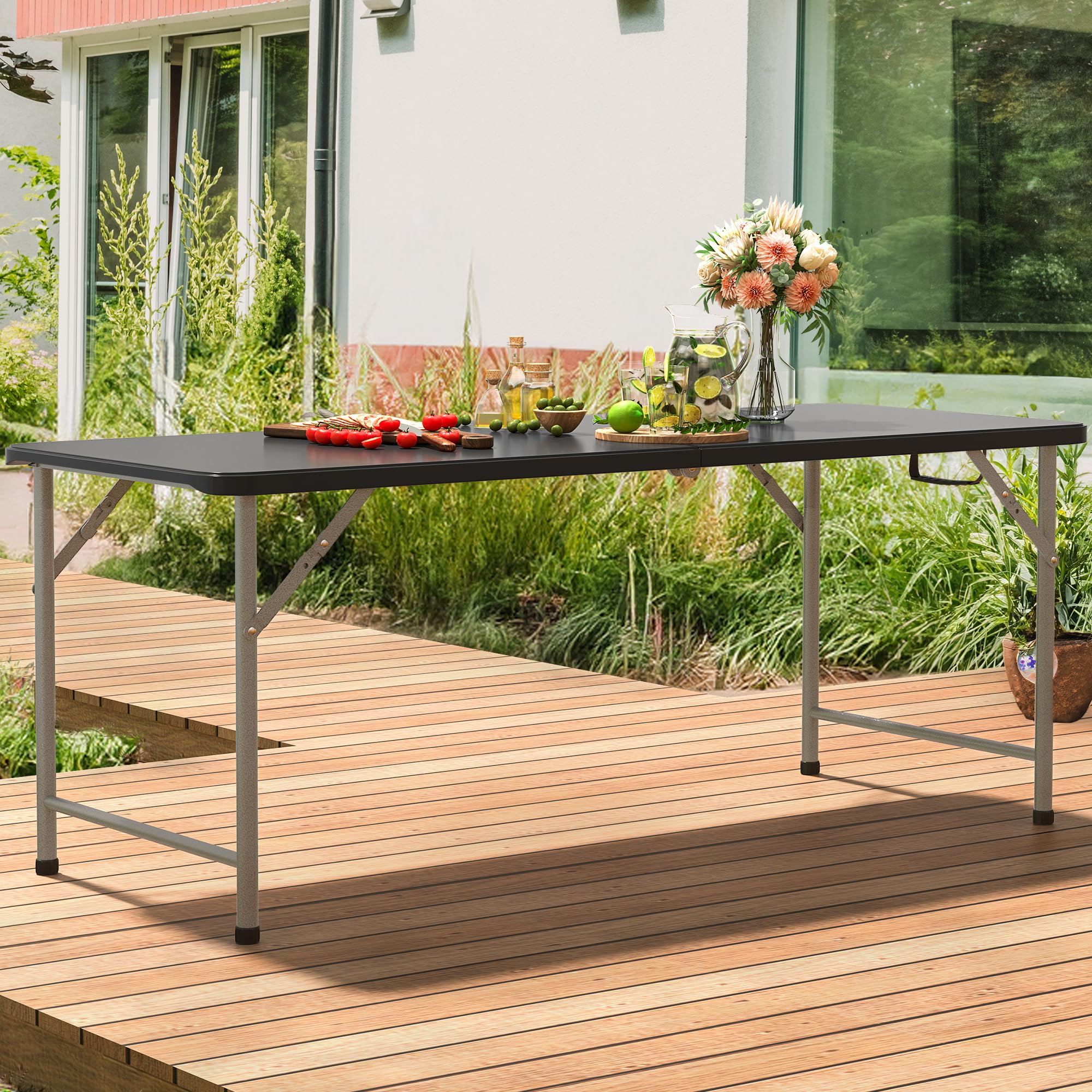 Yitahome 6Ft Folding Table, Outdoor Folding Table W/Heavy Duty Hdpe Tabletop, Rectangle Folding Table W/Portable Carrying Handle For Picnic, Parties, Camping & Indoor Activities, Black